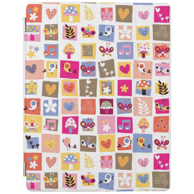 cute flowers, birds, hearts squares pattern iPad smart cover (Front)