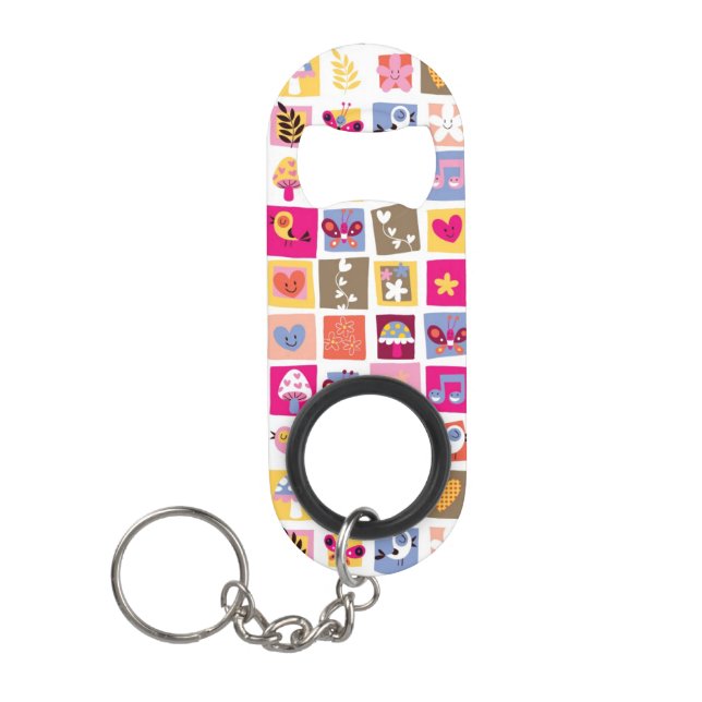 cute flowers, birds, hearts squares pattern keychain bottle opener (Front)