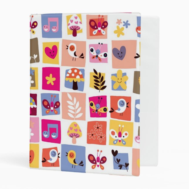 cute flowers, birds, hearts squares pattern mini binder (Front/Inside)
