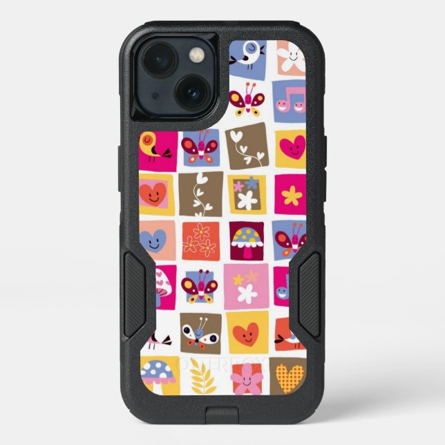 cute flowers, birds, hearts squares pattern otterbox iPhone case (Back)