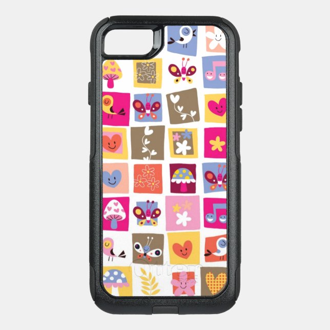 cute flowers, birds, hearts squares pattern otterbox iPhone case (Back)