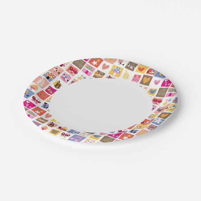 cute flowers, birds, hearts squares pattern paper plates (Angled)
