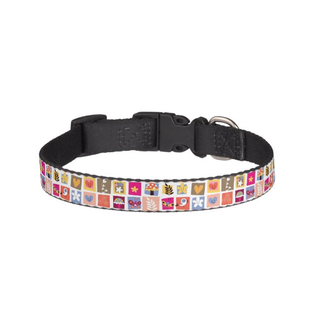 cute flowers, birds, hearts squares pattern pet collar (Front)