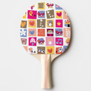 cute flowers, birds, hearts squares pattern Ping-Pong paddle