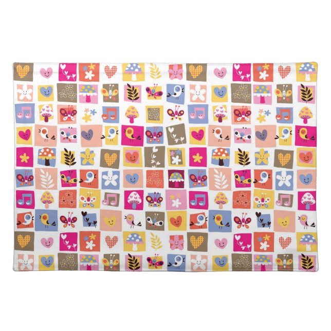 cute flowers, birds, hearts squares pattern placemat (Front)