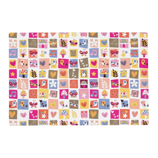 cute flowers, birds, hearts squares pattern placemat (Front)