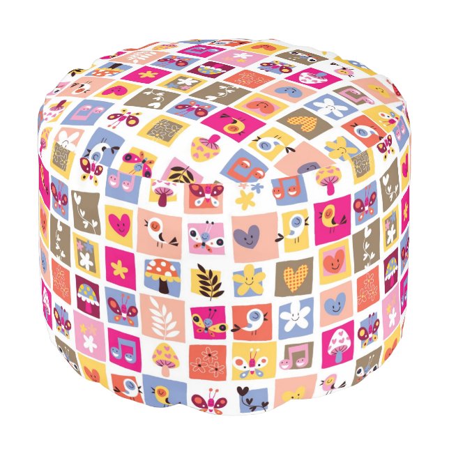 cute flowers, birds, hearts squares pattern pouf (Angled Front)