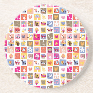 cute flowers, birds, hearts squares pattern sandstone coaster