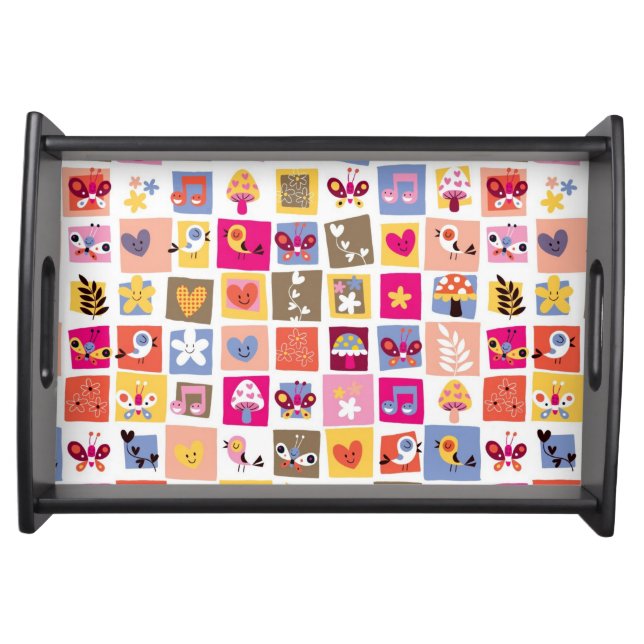 cute flowers, birds, hearts squares pattern serving tray (Front)