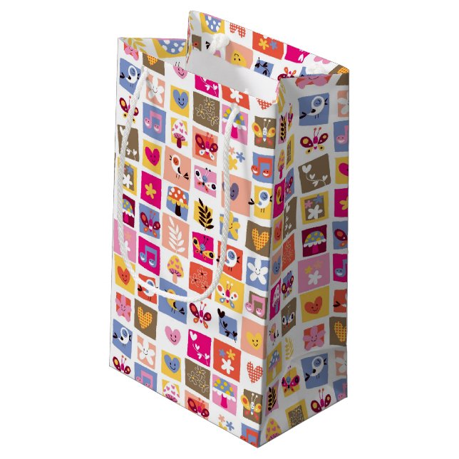 cute flowers, birds, hearts squares pattern small gift bag (Back Angled)