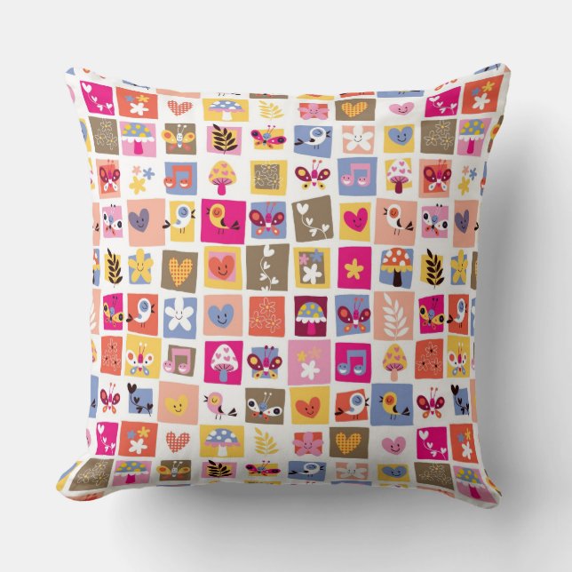 cute flowers, birds, hearts squares pattern throw pillow (Front)