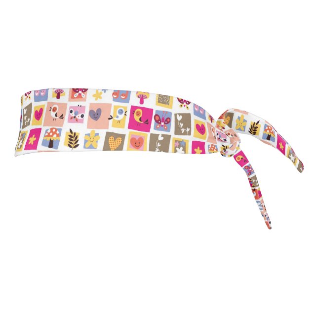 cute flowers, birds, hearts squares pattern tie headband (Rotate 90)