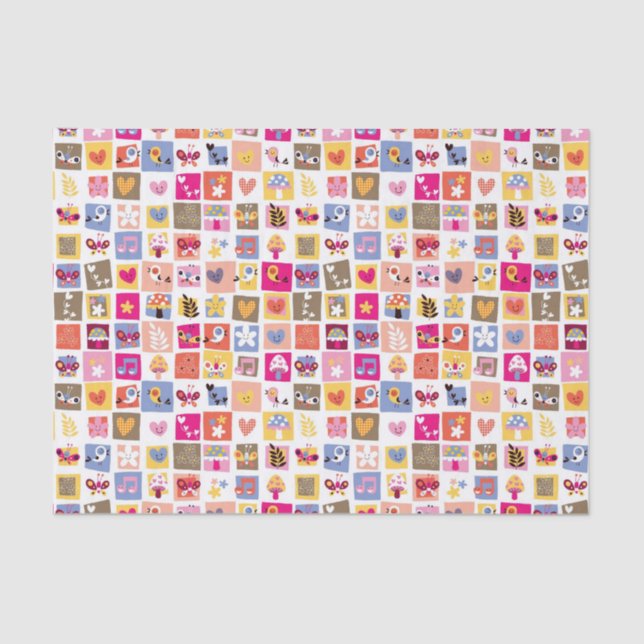 cute flowers, birds, hearts squares pattern tissue paper (Front)