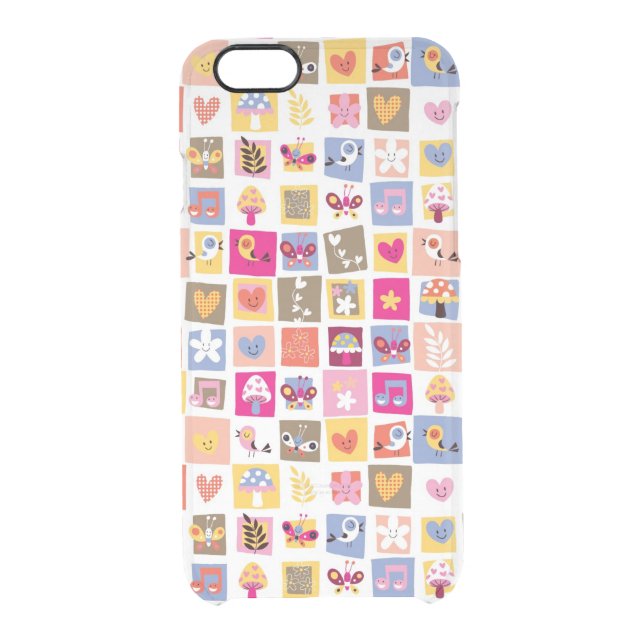 cute flowers, birds, hearts squares pattern uncommon iPhone case (Back)