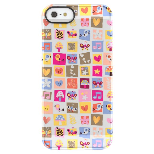 cute flowers, birds, hearts squares pattern uncommon iPhone case (Back)