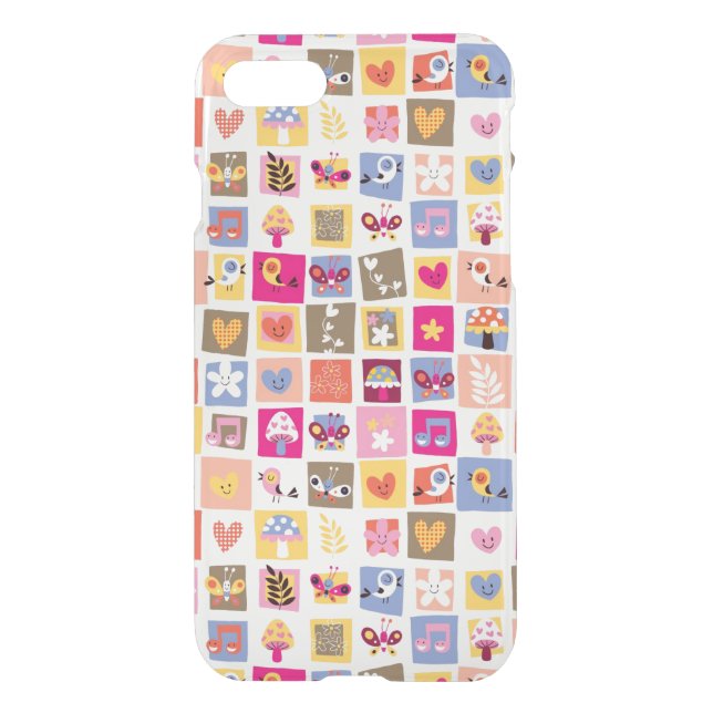 cute flowers, birds, hearts squares pattern uncommon iPhone case (Back)