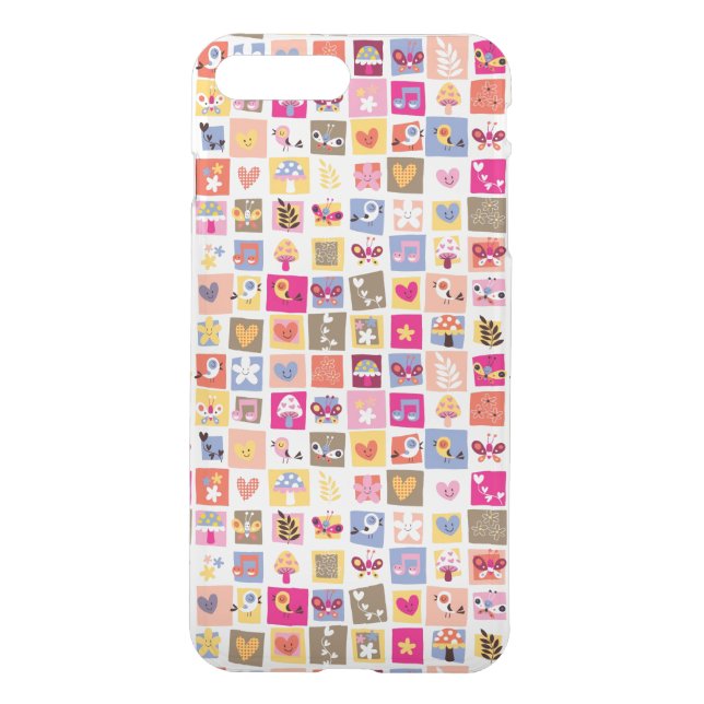 cute flowers, birds, hearts squares pattern uncommon iPhone case (Back)
