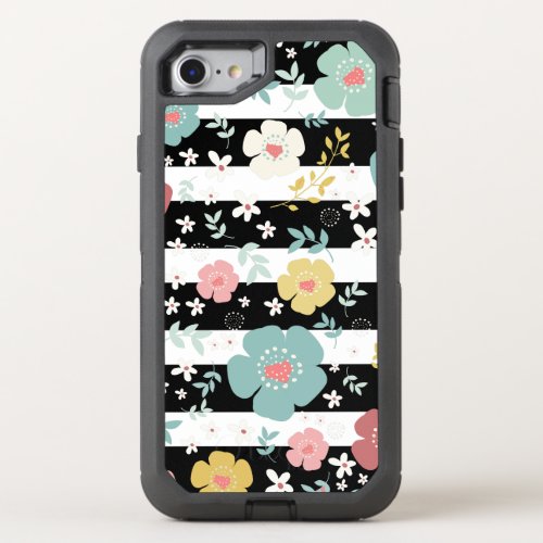 Cute Flowers  Black  White Stripes pattern OtterBox Defender iPhone SE87 Case