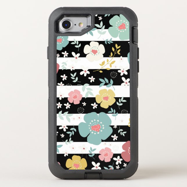 Cute Flowers & Black & White Stripes pattern Otterbox iPhone Case (Back)
