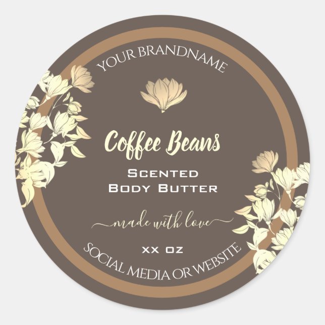 Cute Flowers Brown Gold Product Packaging Labels (Front)