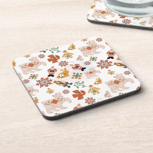 Cute Flowers Christmas Pattern with Santa Beverage Coaster (Left Side)