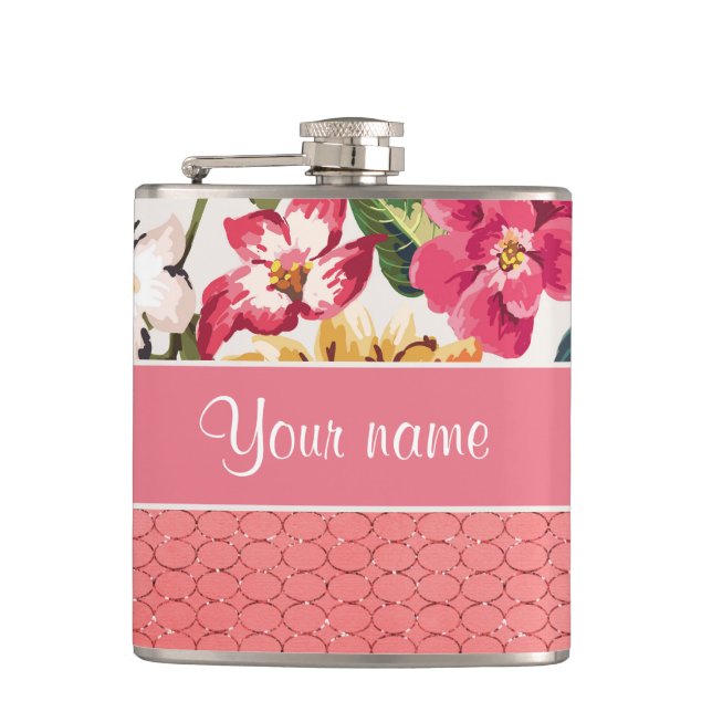 Cute Flowers Faux Pink Glitter Circles Flask (Front)