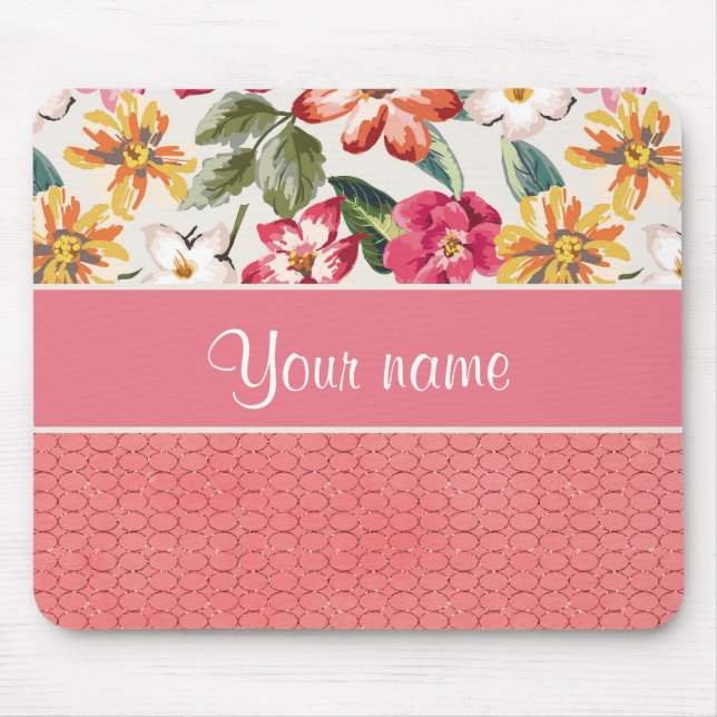Cute Flowers Faux Pink Glitter Circles Mouse Pad (Front)