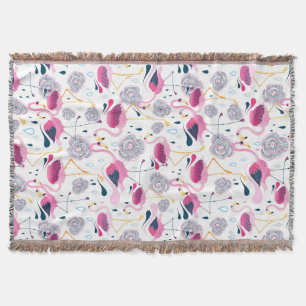 Cute Flowers & Flamingos Illustration Throw Blanket