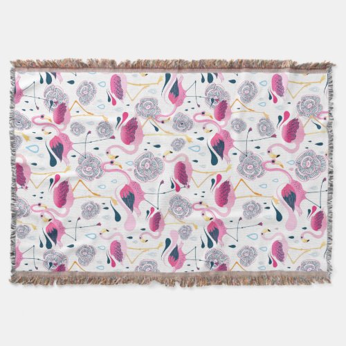 Cute Flowers  Flamingos Illustration Throw Blanket