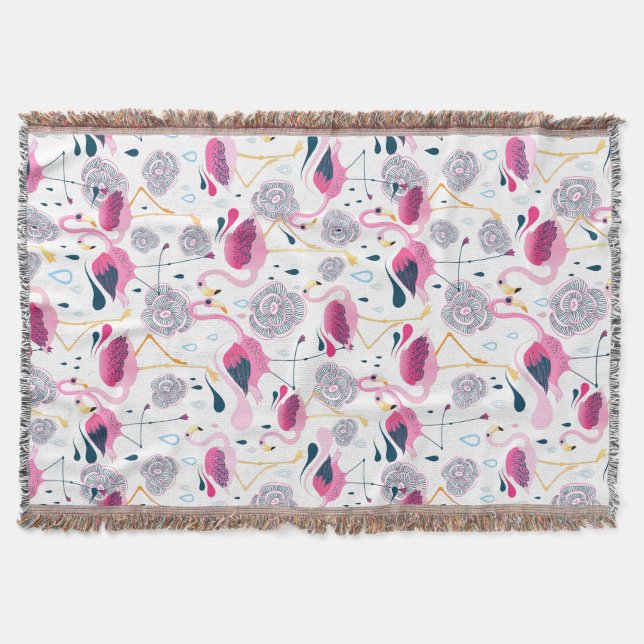 Cute Flowers & Flamingos Illustration Throw Blanket (Front)