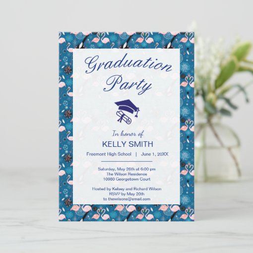 Cute flowers flamingos pattern graduation party invitation | Zazzle