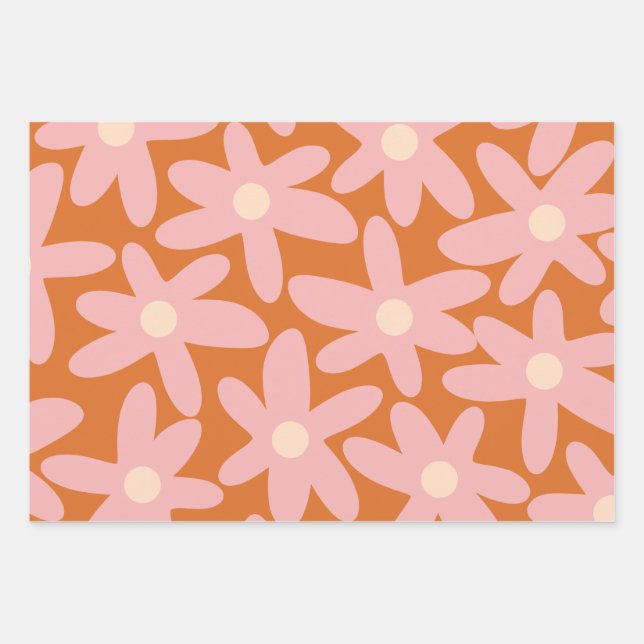 Cute Flowers Floral Pattern in Orange and Pink Wrapping Paper Sheets (Front)