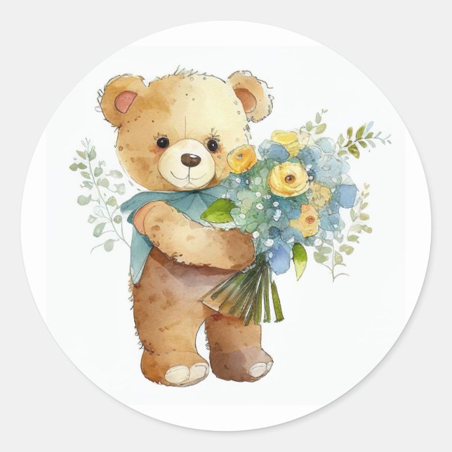 Cute Flowers for You Teddy Bear Classic Round Sticker (Front)