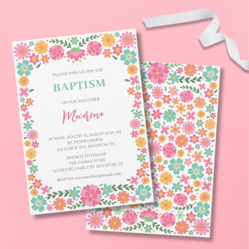 Cute flowers girl Baptism Invitation