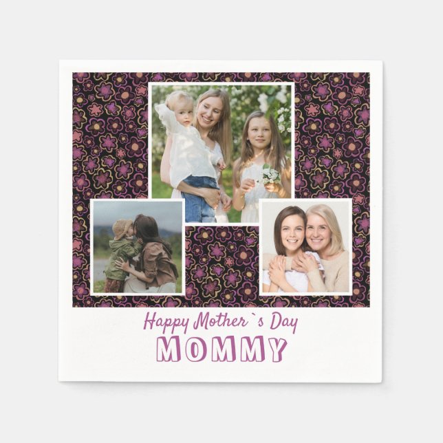 Cute Flowers Happy Mother`s Day 3 Photo  Napkins (Front)