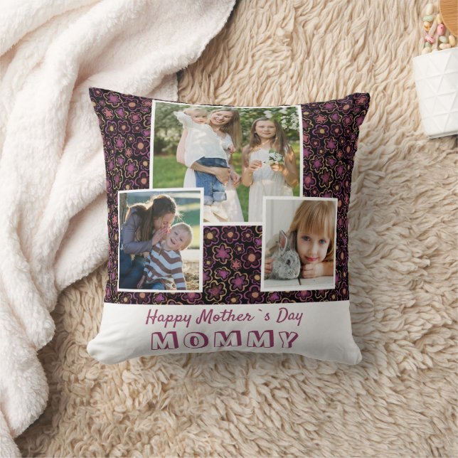 Cute Flowers Happy Mother`s Day Keepsake 3 Photo Throw Pillow (Blanket)