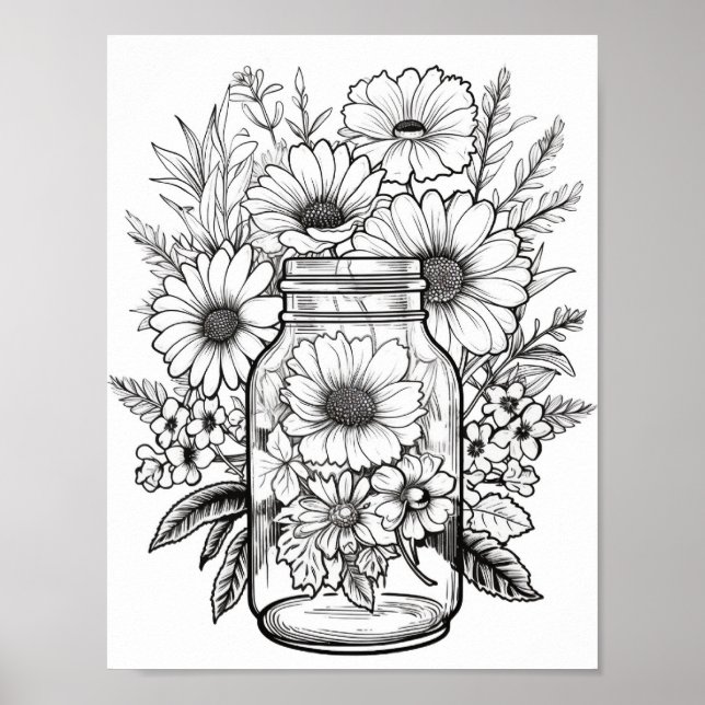 Cute Flowers In Jar Coloring Poster (Front)