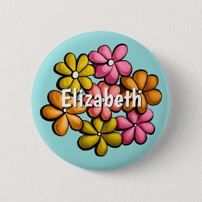 Cute Flowers Kids Colorful Ink Drawing Name Button (Front)