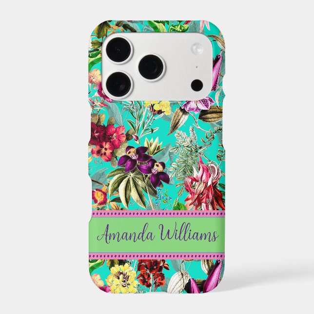 Cute flowers leaves aqua mint monogram pattern iphone case (Back)