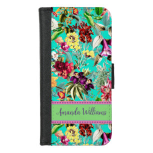 Cute flowers leaves aqua mint monogram pattern iPhone 8/7 wallet case