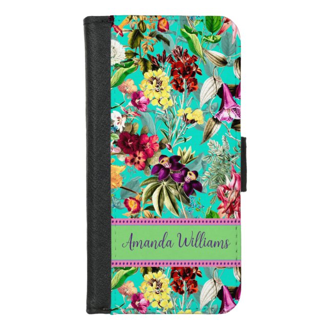 Cute flowers leaves aqua mint monogram pattern iPhone wallet case (Front)