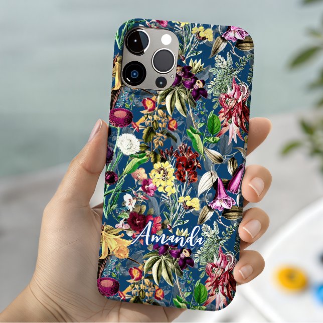 Cute flowers leaves blue monogram pattern Case-Mate iPhone case (Creator Uploaded)