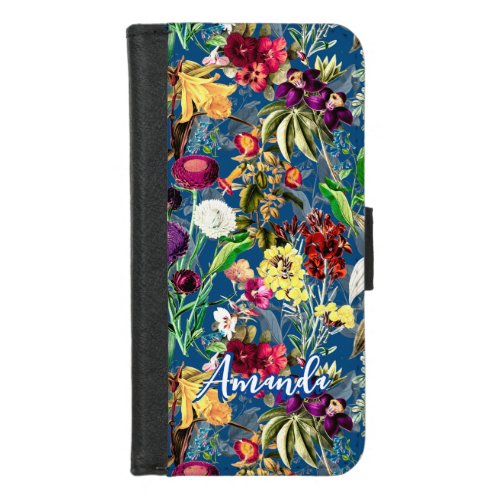 Cute flowers leaves blue monogram pattern iPhone 87 wallet case