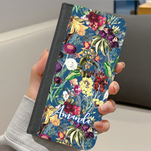Cute flowers leaves blue monogram pattern iPhone 8/7 wallet case