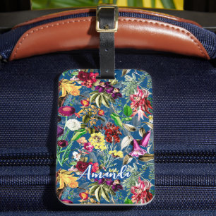 Cute flowers leaves blue monogram pattern luggage tag