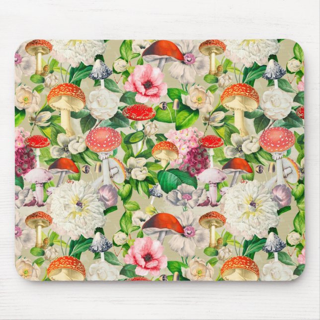 Cute flowers mushroom fungi beige garden  mouse pad (Front)