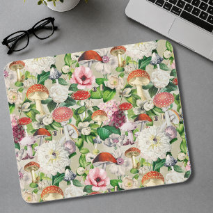 Cute flowers mushroom fungi beige garden mouse pad