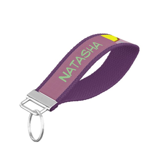 Cute flowers on purple wrist keychain (Angled Down)