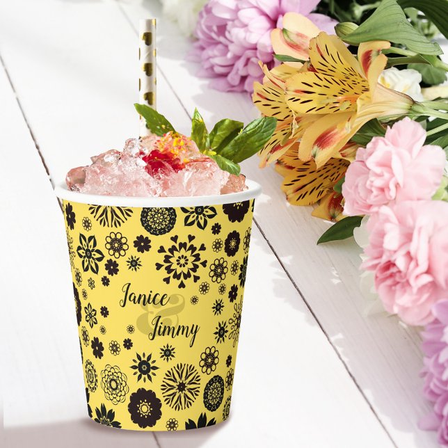 Cute Flowers Personalized Names Black & Yellow Paper Cups (Creator Uploaded)