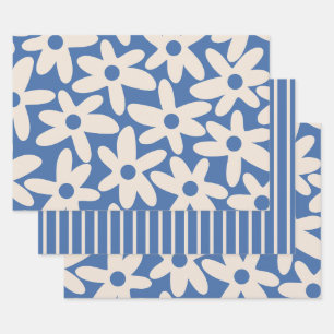 Cute Flowers & Stripes Simple Modern Patterns Blue Wrapping Paper Sheets